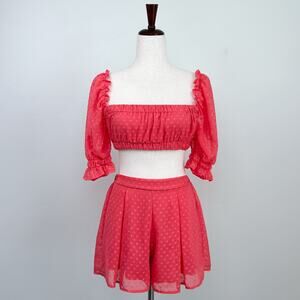 Lucy In The Sky Coral Clip-Dot Chiffon Two-Piece Summer Crop Top Shorts Set